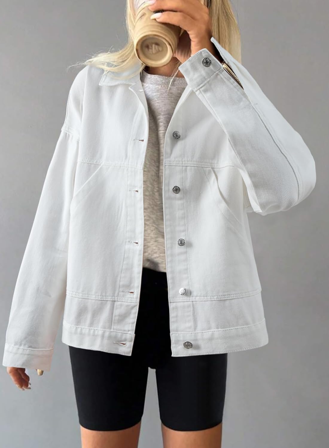 SHEWIN Womens Denim Jacket Casual Long Sleeve Drop Shoulder Button Front Jean Jacket Coat With Pockets