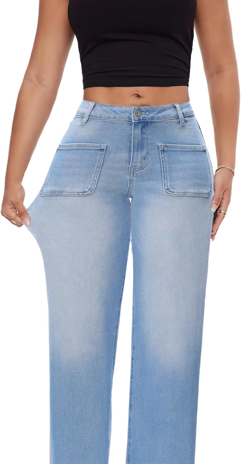 ONESO Mid-Low Rise Baggy Jeans Wide Leg for Women Distressed Pants Stretchy Bottom Lady Basic Comfortable Denim