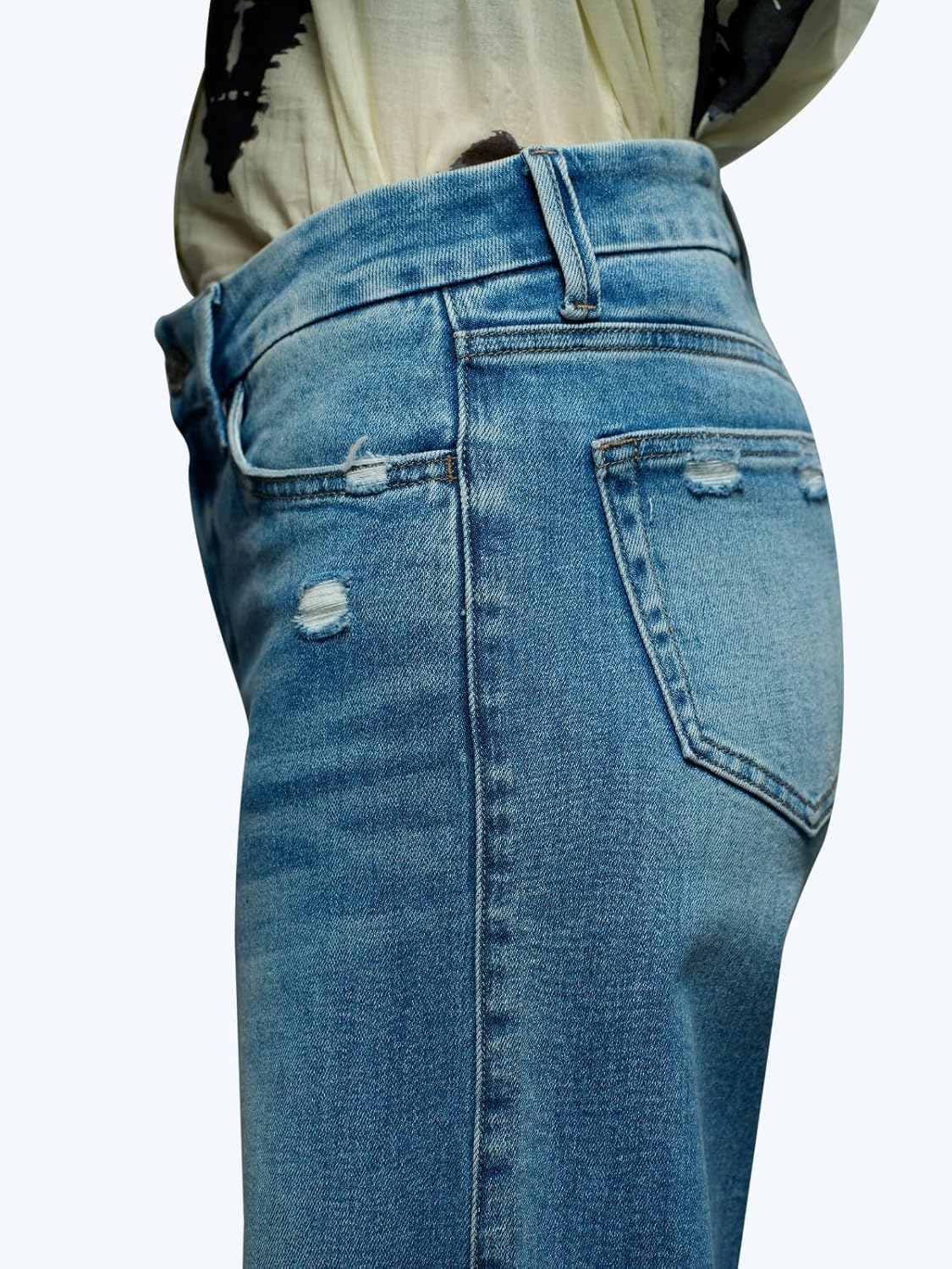 ONESO Mid-Low Rise Baggy Jeans Wide Leg for Women Distressed Pants Stretchy Bottom Lady Basic Comfortable Denim