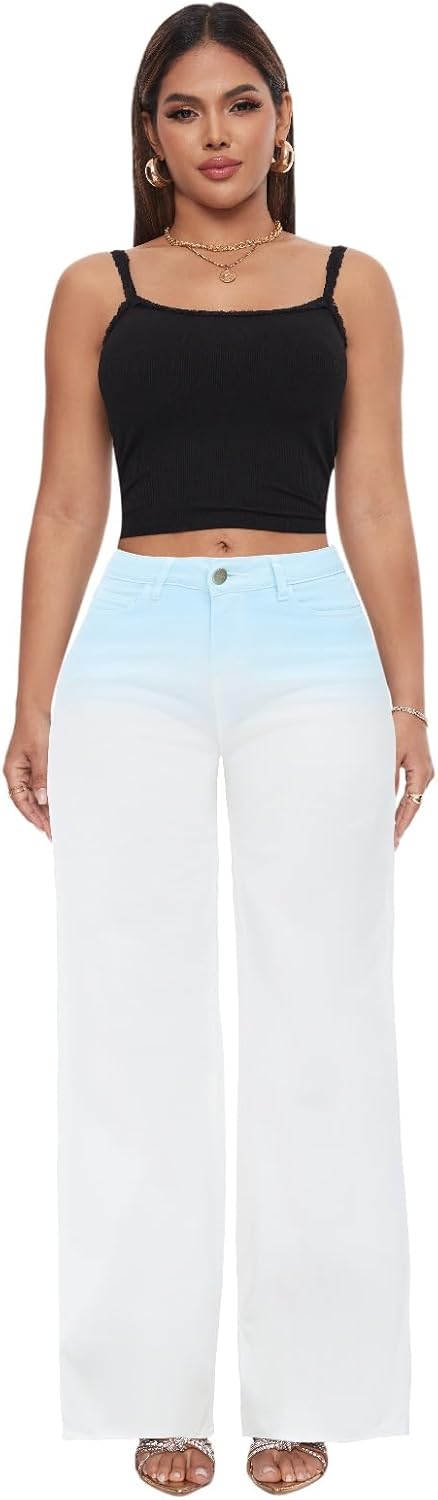 ONESO Mid-Low Rise Baggy Jeans Wide Leg for Women Distressed Pants Stretchy Bottom Lady Basic Comfortable Denim