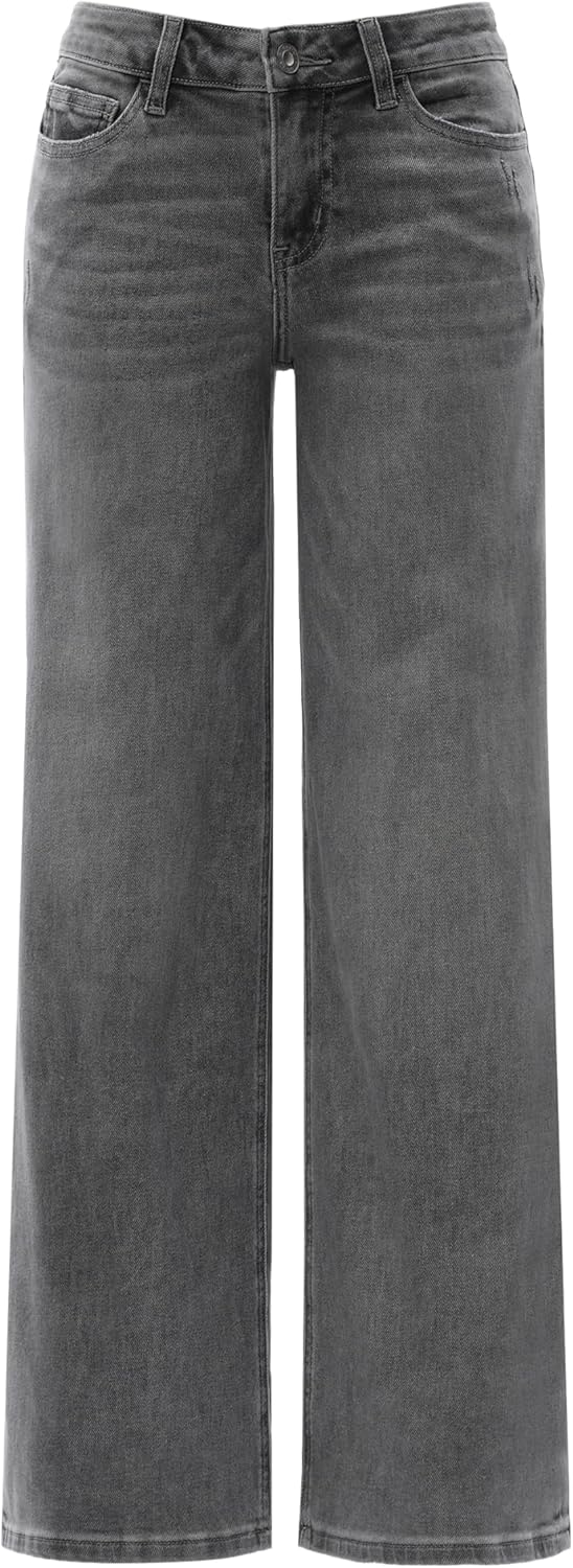 ONESO Mid-Low Rise Baggy Jeans Wide Leg for Women Distressed Pants Stretchy Bottom Lady Basic Comfortable Denim