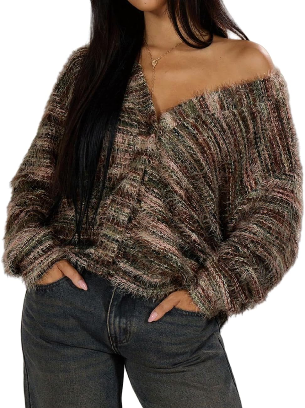 AHAIJ Cardigan en tricot léger à rayures arc-en-ciel à manches longues ouvert sur le devant pour femme, tailles S à 3XL