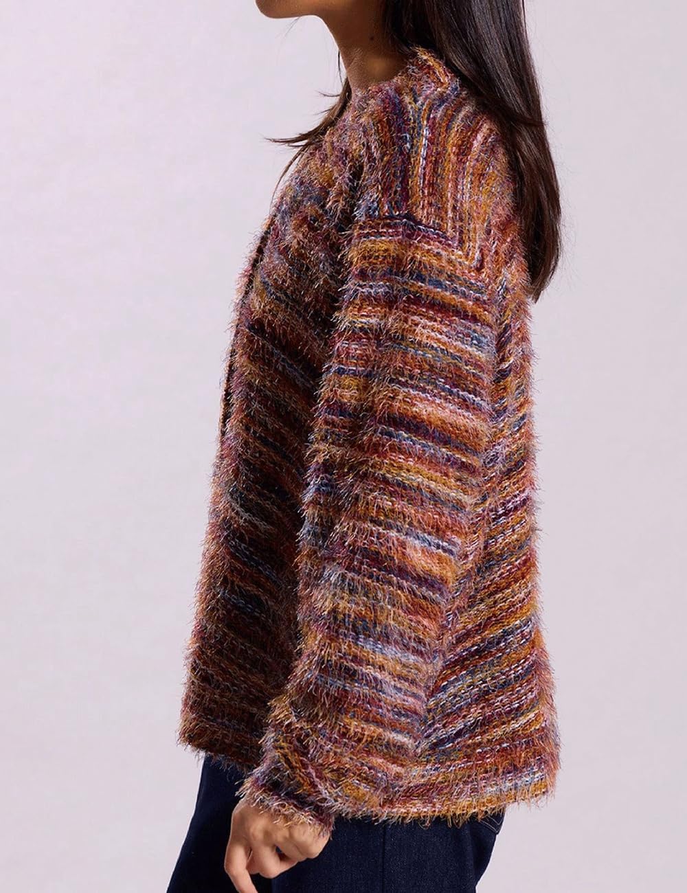 AHAIJ Cardigan en tricot léger à rayures arc-en-ciel à manches longues ouvert sur le devant pour femme, tailles S à 3XL