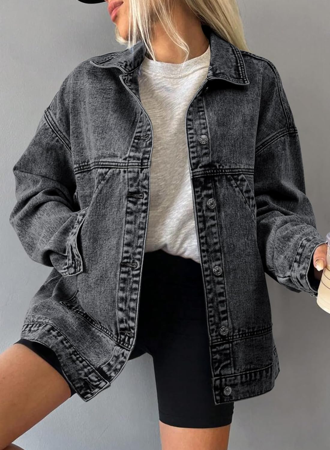 SHEWIN Womens Denim Jacket Casual Long Sleeve Drop Shoulder Button Front Jean Jacket Coat With Pockets