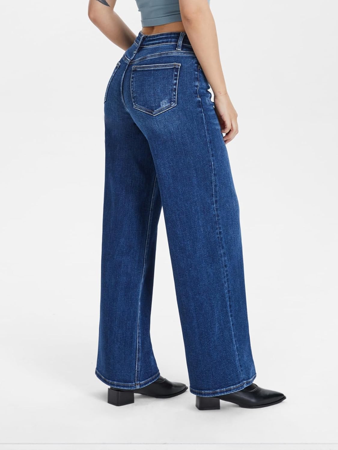 ONESO Mid-Low Rise Baggy Jeans Wide Leg for Women Distressed Pants Stretchy Bottom Lady Basic Comfortable Denim