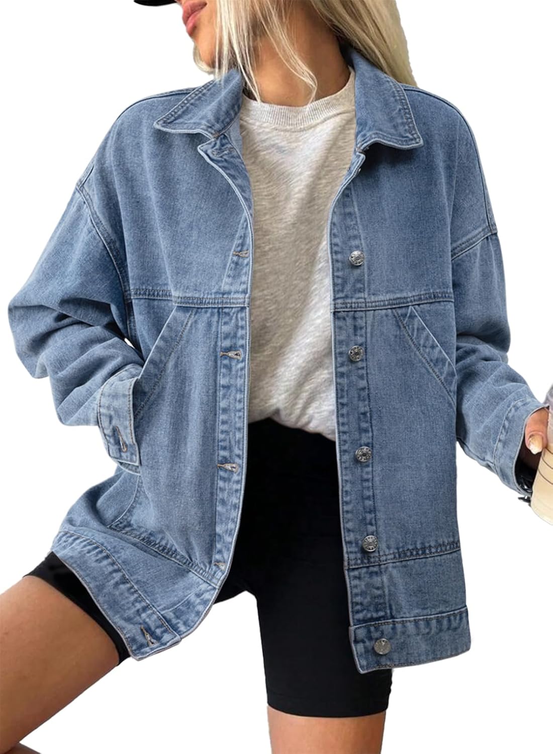 SHEWIN Womens Denim Jacket Casual Long Sleeve Drop Shoulder Button Front Jean Jacket Coat With Pockets