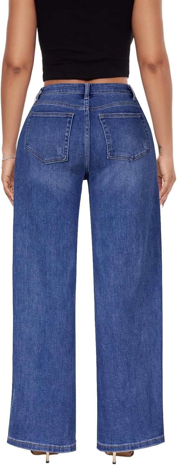 ONESO Mid-Low Rise Baggy Jeans Wide Leg for Women Distressed Pants Stretchy Bottom Lady Basic Comfortable Denim