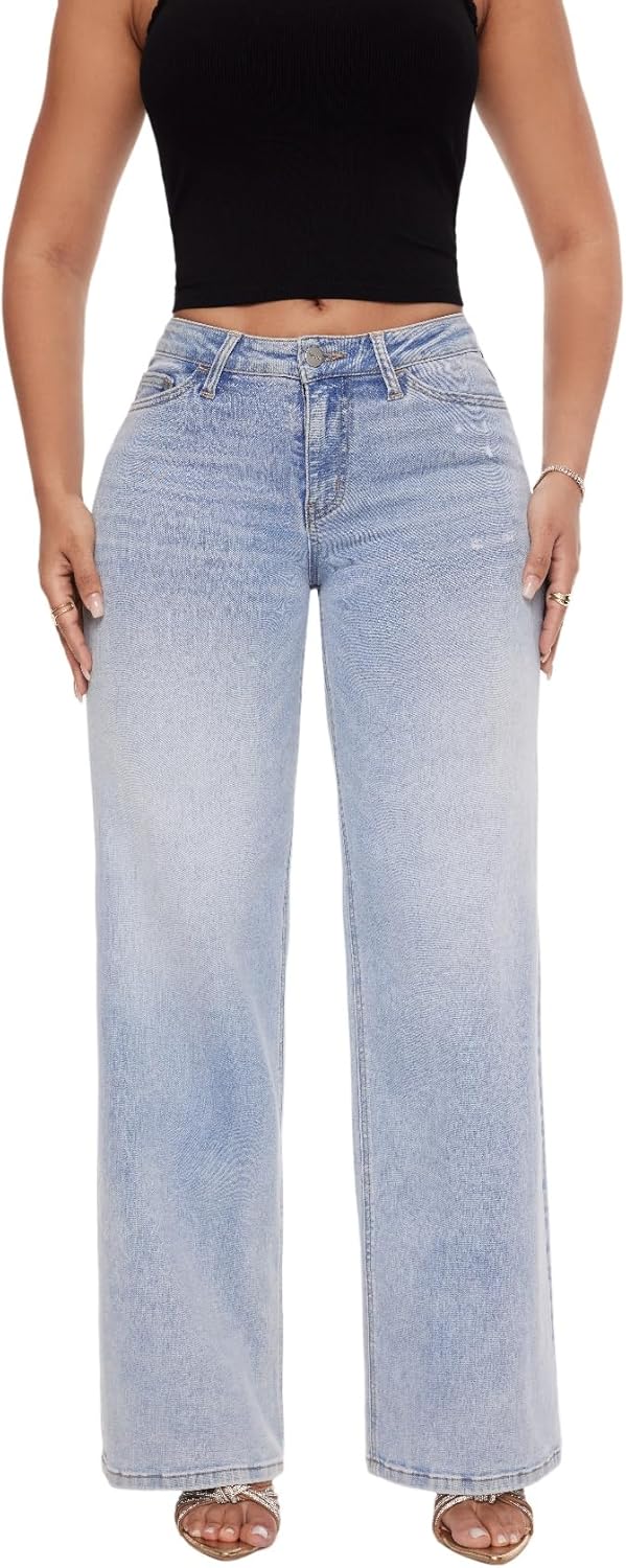 ONESO Mid-Low Rise Baggy Jeans Wide Leg for Women Distressed Pants Stretchy Bottom Lady Basic Comfortable Denim