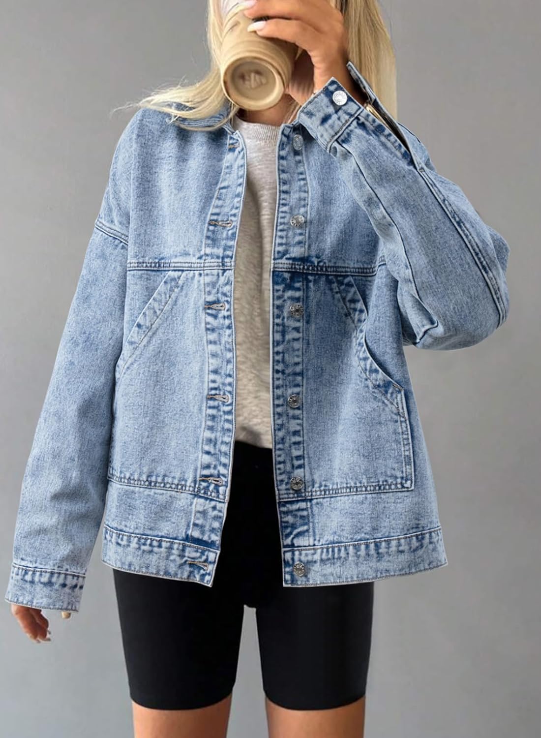 SHEWIN Womens Denim Jacket Casual Long Sleeve Drop Shoulder Button Front Jean Jacket Coat With Pockets