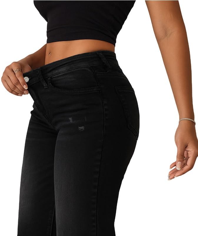 ONESO Mid-Low Rise Baggy Jeans Wide Leg for Women Distressed Pants Stretchy Bottom Lady Basic Comfortable Denim