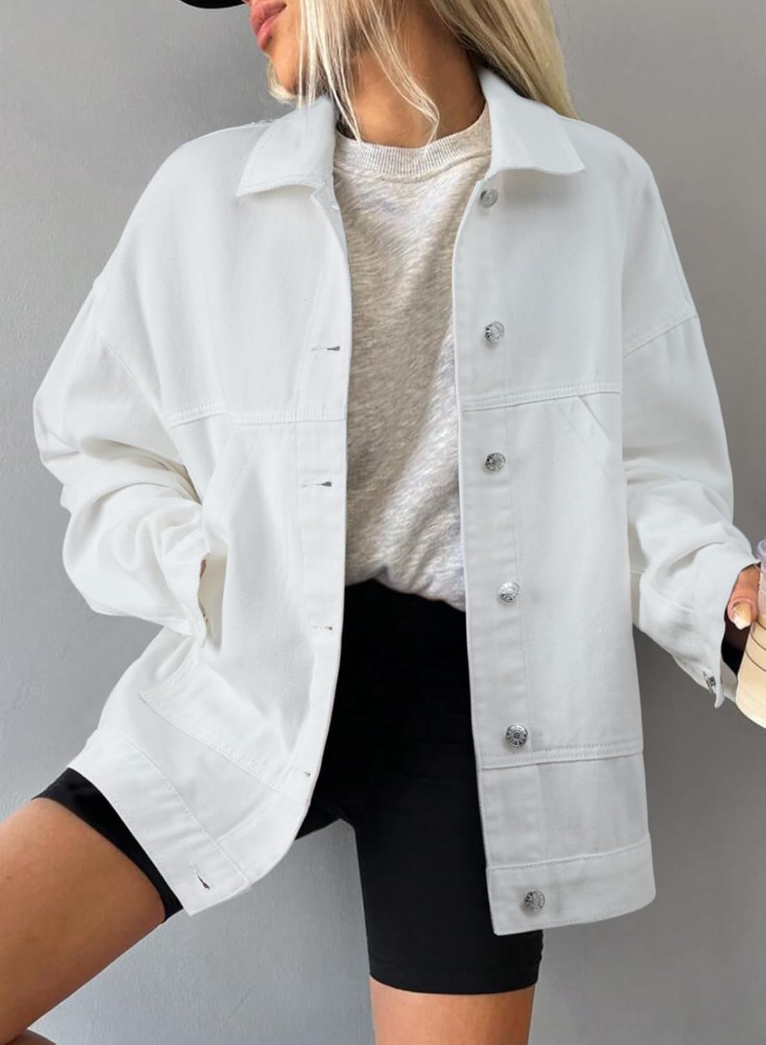 SHEWIN Womens Denim Jacket Casual Long Sleeve Drop Shoulder Button Front Jean Jacket Coat With Pockets