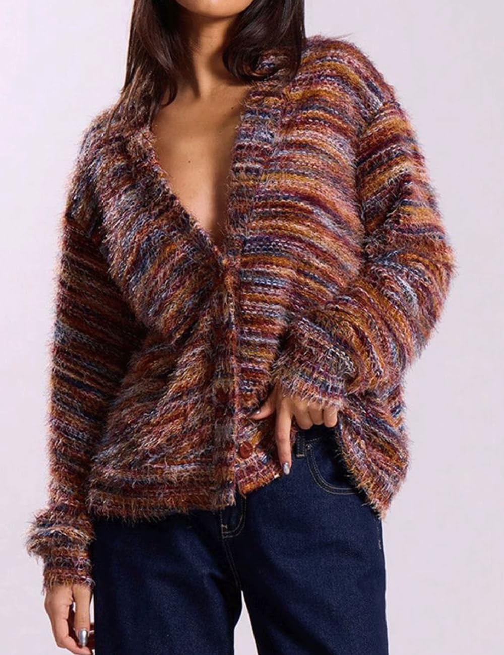 AHAIJ Cardigan en tricot léger à rayures arc-en-ciel à manches longues ouvert sur le devant pour femme, tailles S à 3XL