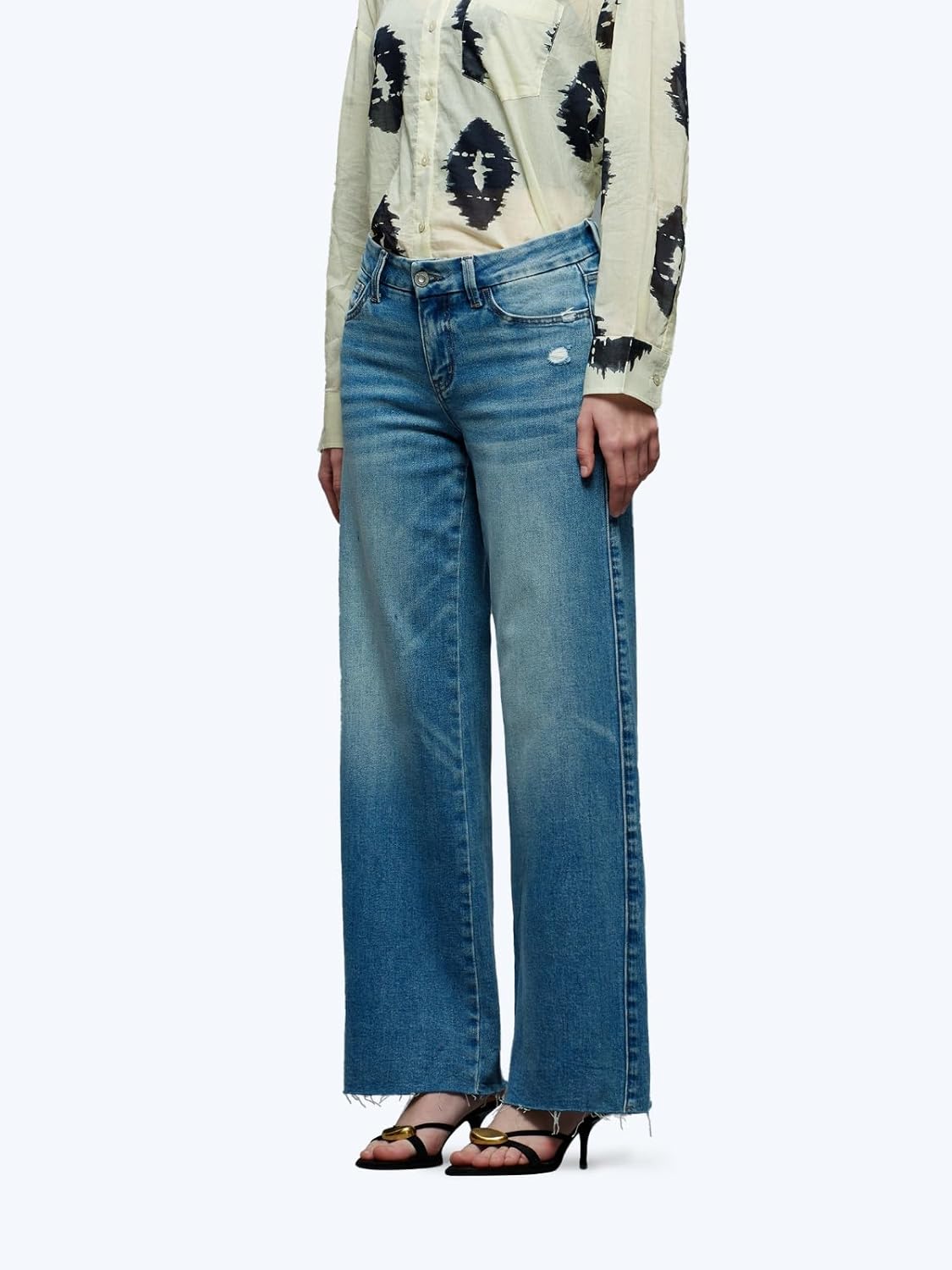 ONESO Mid-Low Rise Baggy Jeans Wide Leg for Women Distressed Pants Stretchy Bottom Lady Basic Comfortable Denim