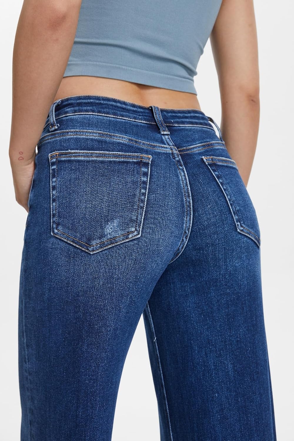 ONESO Mid-Low Rise Baggy Jeans Wide Leg for Women Distressed Pants Stretchy Bottom Lady Basic Comfortable Denim