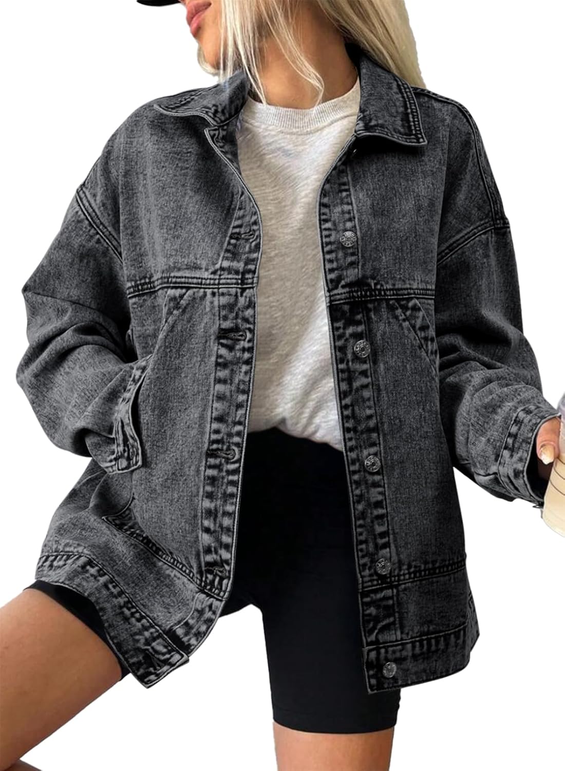 SHEWIN Womens Denim Jacket Casual Long Sleeve Drop Shoulder Button Front Jean Jacket Coat With Pockets