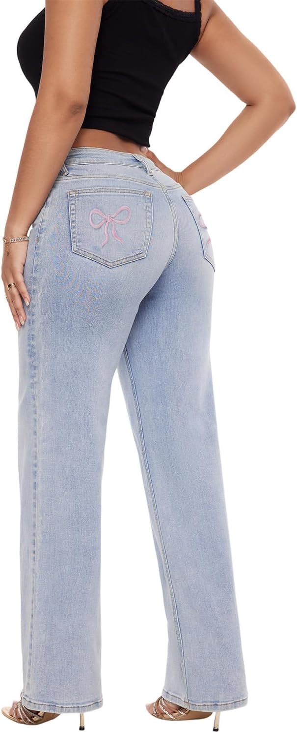 ONESO Mid-Low Rise Baggy Jeans Wide Leg for Women Distressed Pants Stretchy Bottom Lady Basic Comfortable Denim