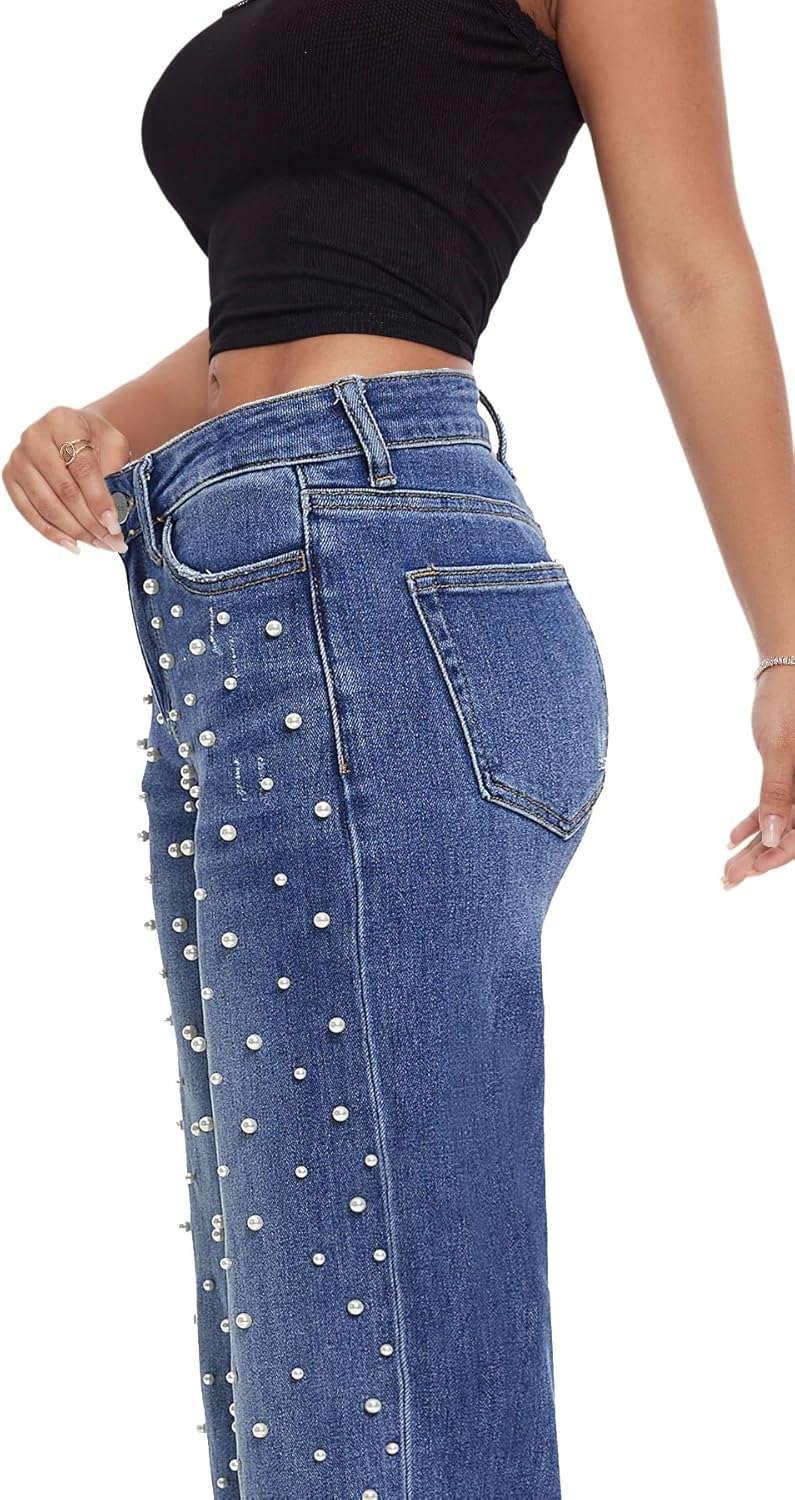 ONESO Mid-Low Rise Baggy Jeans Wide Leg for Women Distressed Pants Stretchy Bottom Lady Basic Comfortable Denim