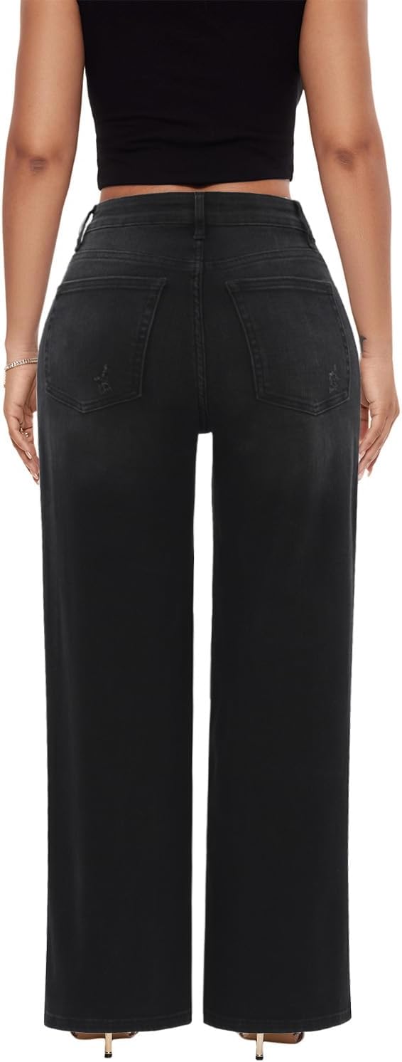 ONESO Mid-Low Rise Baggy Jeans Wide Leg for Women Distressed Pants Stretchy Bottom Lady Basic Comfortable Denim