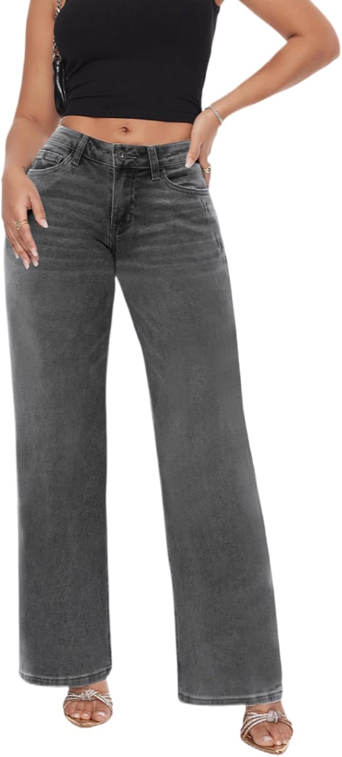 ONESO Mid-Low Rise Baggy Jeans Wide Leg for Women Distressed Pants Stretchy Bottom Lady Basic Comfortable Denim