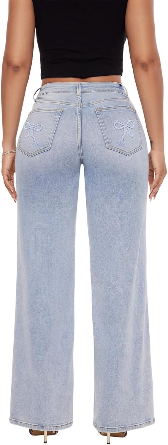 ONESO Mid-Low Rise Baggy Jeans Wide Leg for Women Distressed Pants Stretchy Bottom Lady Basic Comfortable Denim