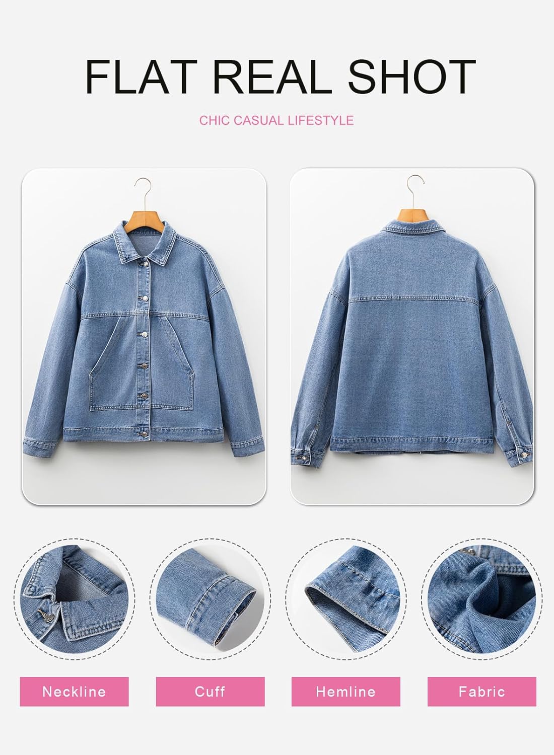 SHEWIN Womens Denim Jacket Casual Long Sleeve Drop Shoulder Button Front Jean Jacket Coat With Pockets