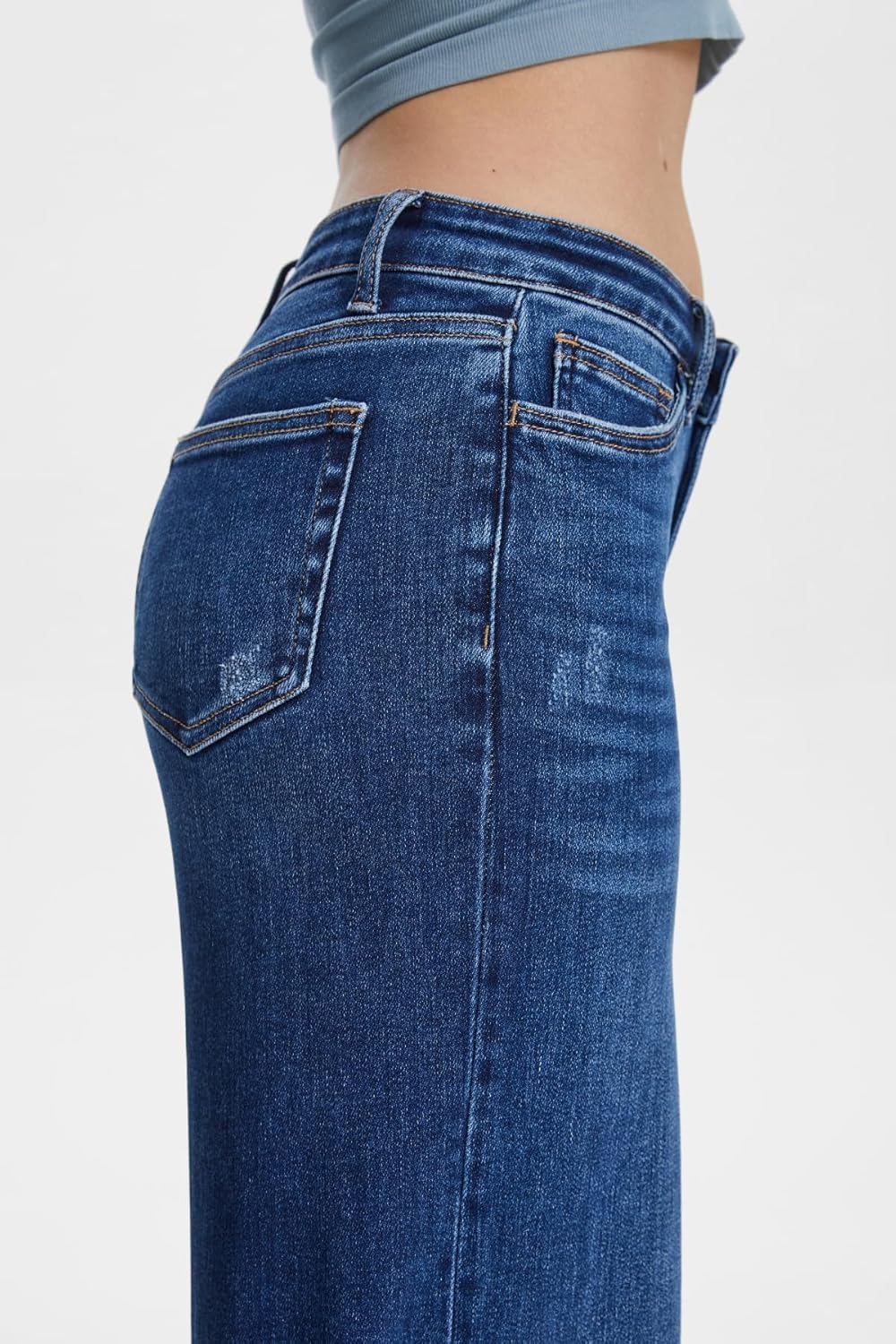 ONESO Mid-Low Rise Baggy Jeans Wide Leg for Women Distressed Pants Stretchy Bottom Lady Basic Comfortable Denim