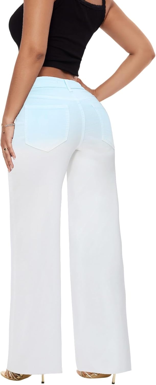 ONESO Mid-Low Rise Baggy Jeans Wide Leg for Women Distressed Pants Stretchy Bottom Lady Basic Comfortable Denim