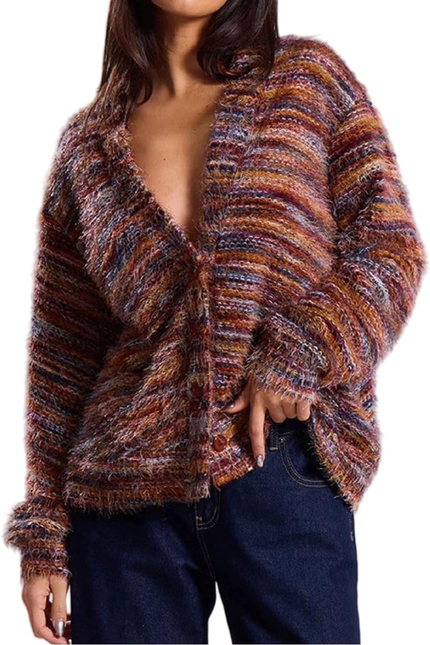 AHAIJ Cardigan en tricot léger à rayures arc-en-ciel à manches longues ouvert sur le devant pour femme, tailles S à 3XL