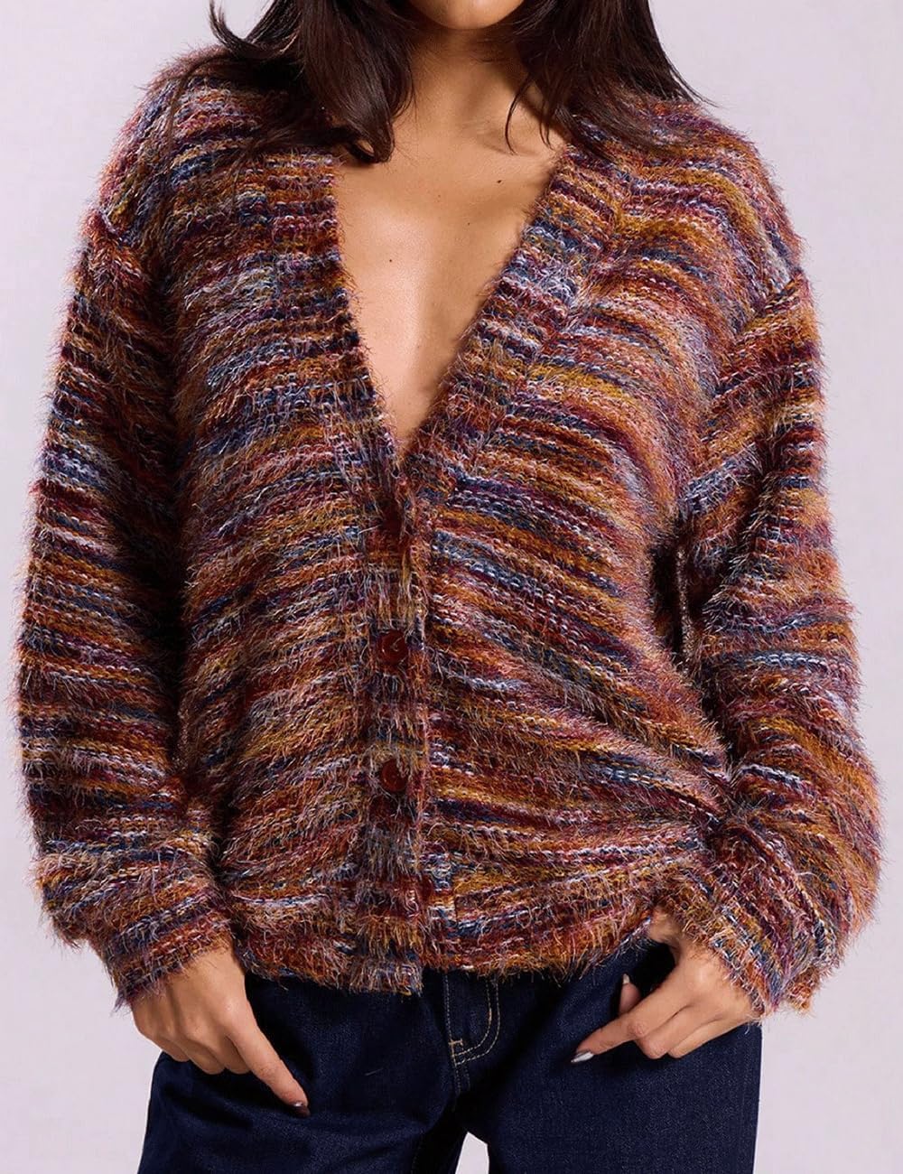 AHAIJ Cardigan en tricot léger à rayures arc-en-ciel à manches longues ouvert sur le devant pour femme, tailles S à 3XL