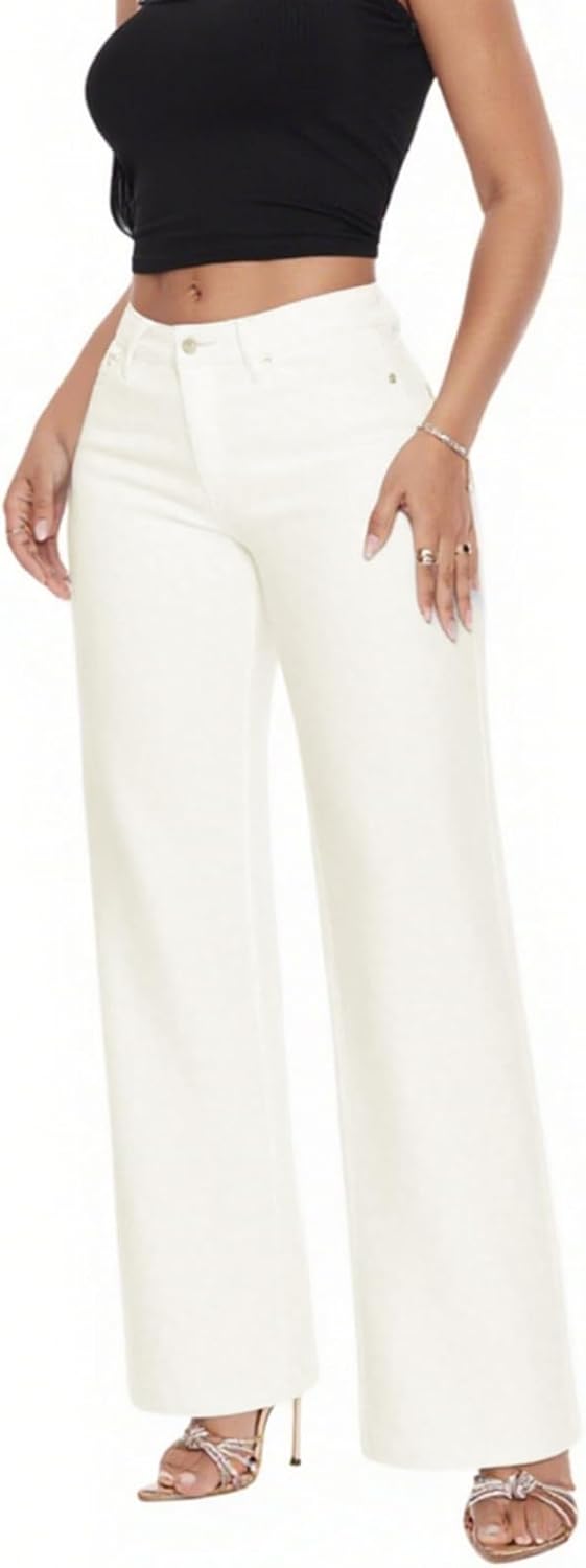 ONESO Mid-Low Rise Baggy Jeans Wide Leg for Women Distressed Pants Stretchy Bottom Lady Basic Comfortable Denim