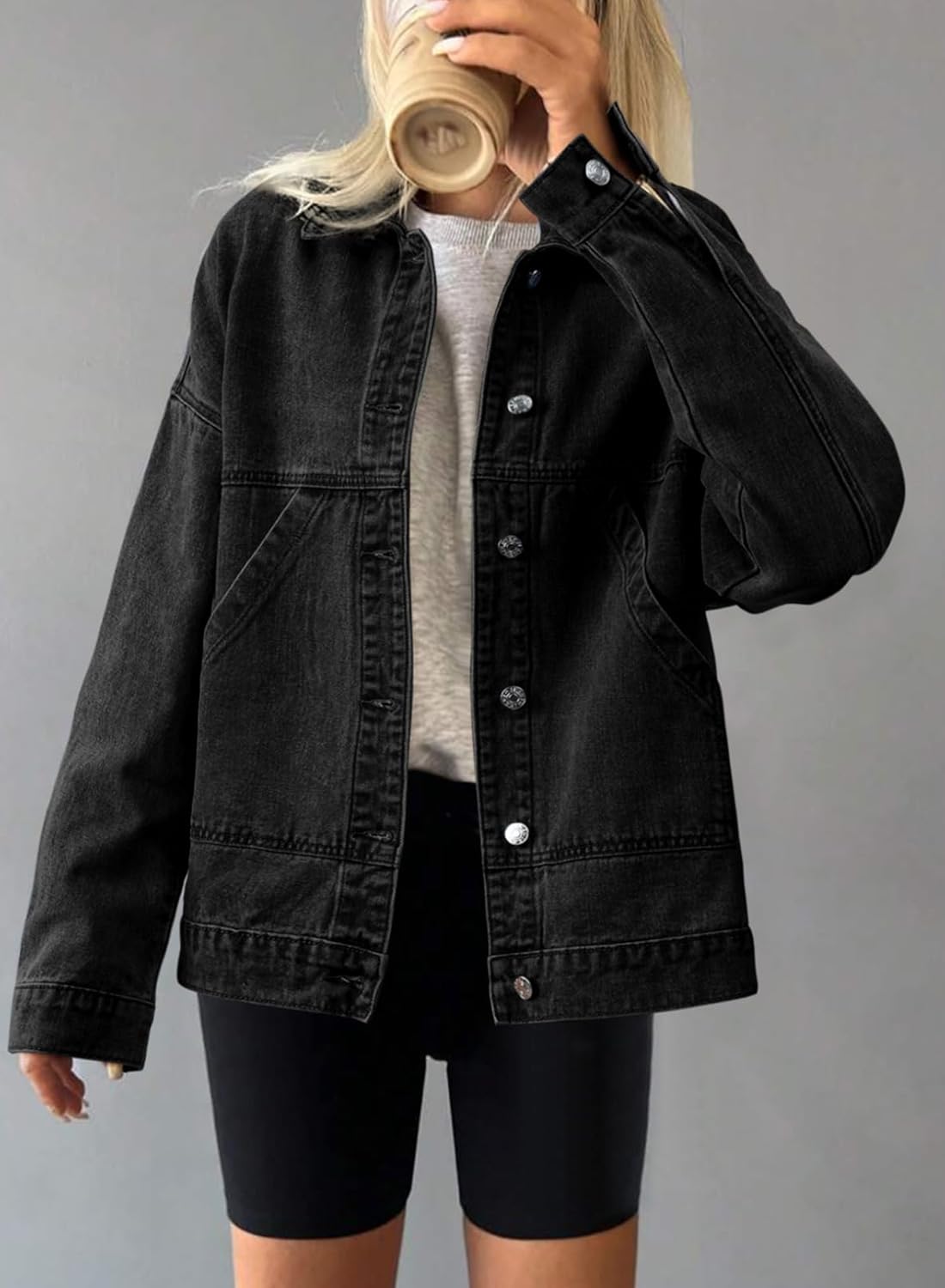 SHEWIN Womens Denim Jacket Casual Long Sleeve Drop Shoulder Button Front Jean Jacket Coat With Pockets