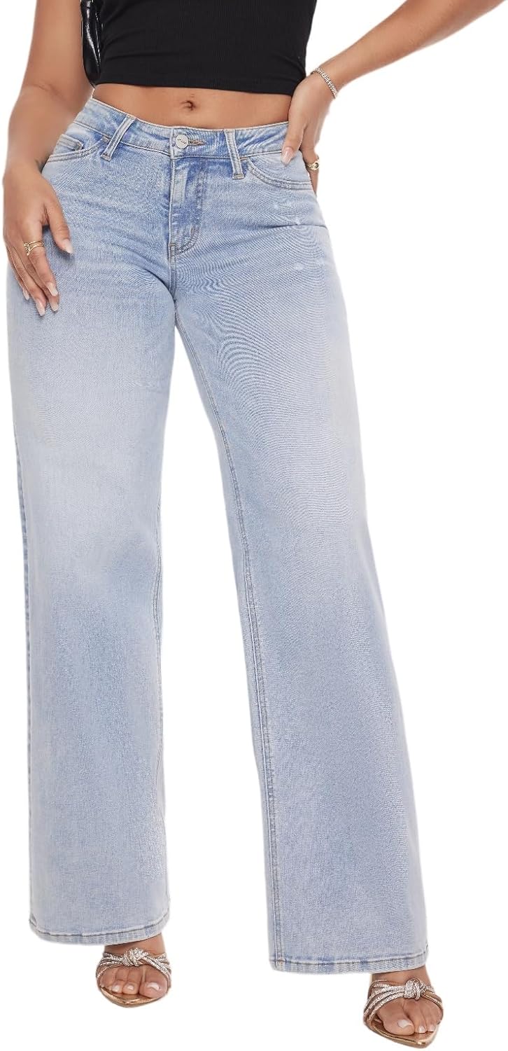 ONESO Mid-Low Rise Baggy Jeans Wide Leg for Women Distressed Pants Stretchy Bottom Lady Basic Comfortable Denim