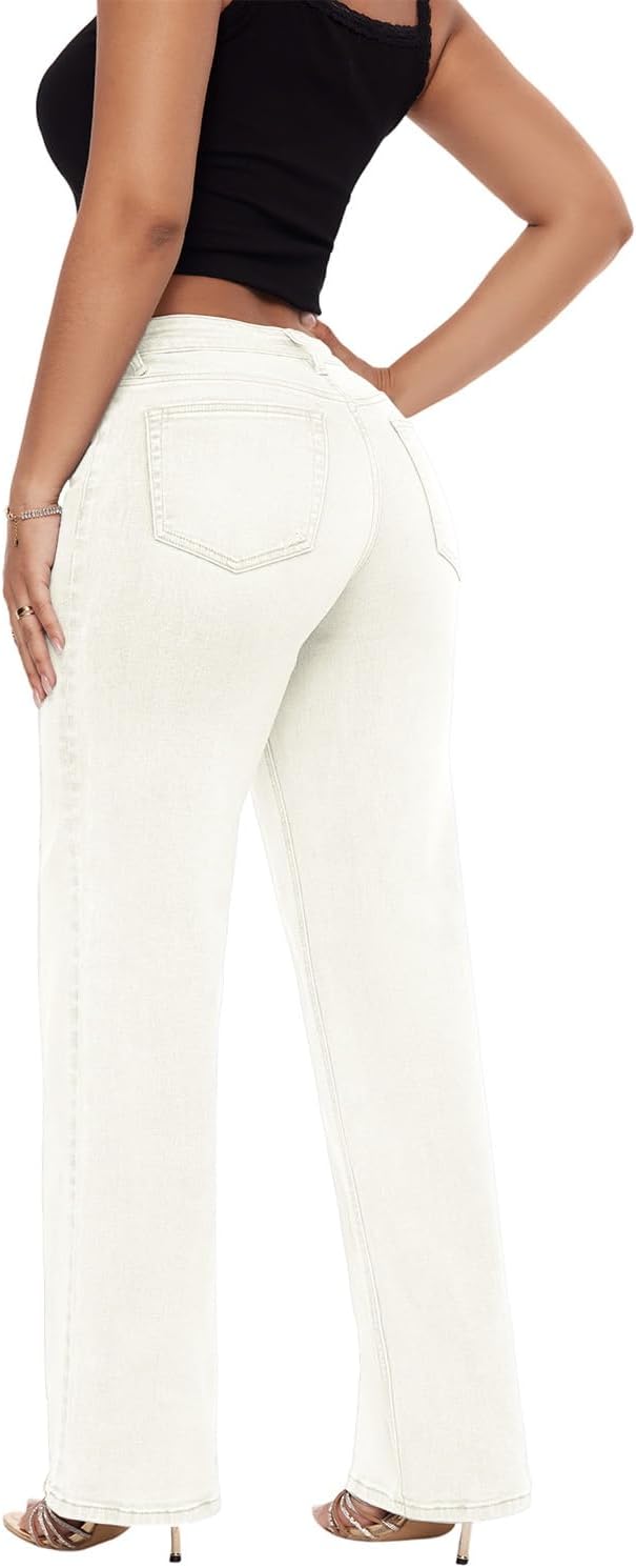 ONESO Mid-Low Rise Baggy Jeans Wide Leg for Women Distressed Pants Stretchy Bottom Lady Basic Comfortable Denim