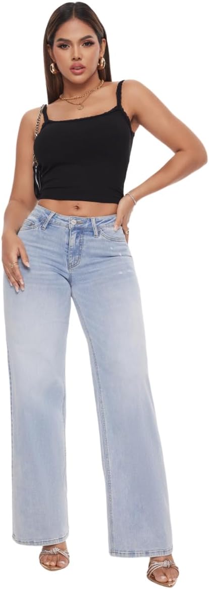ONESO Mid-Low Rise Baggy Jeans Wide Leg for Women Distressed Pants Stretchy Bottom Lady Basic Comfortable Denim