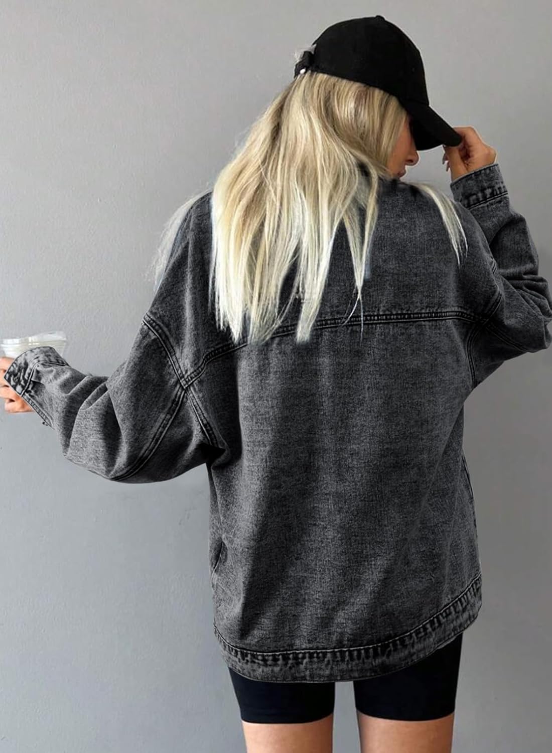 SHEWIN Womens Denim Jacket Casual Long Sleeve Drop Shoulder Button Front Jean Jacket Coat With Pockets