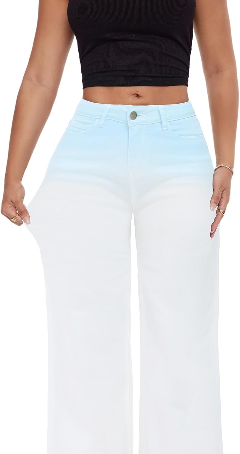 ONESO Mid-Low Rise Baggy Jeans Wide Leg for Women Distressed Pants Stretchy Bottom Lady Basic Comfortable Denim