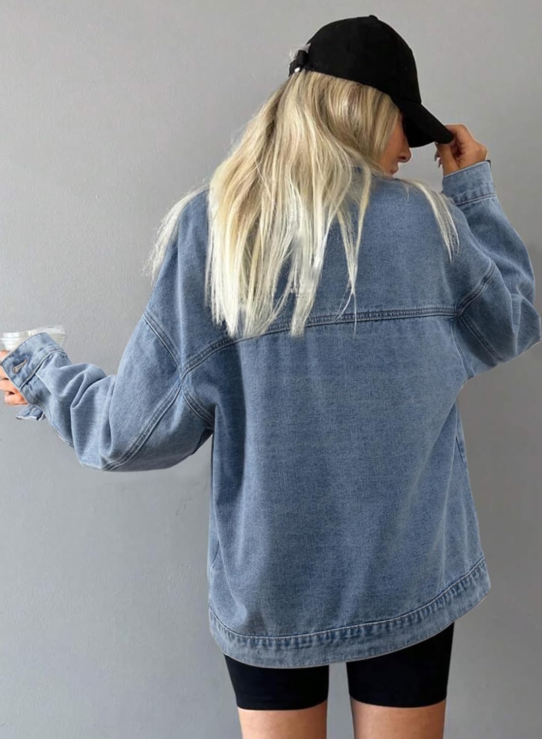 SHEWIN Womens Denim Jacket Casual Long Sleeve Drop Shoulder Button Front Jean Jacket Coat With Pockets