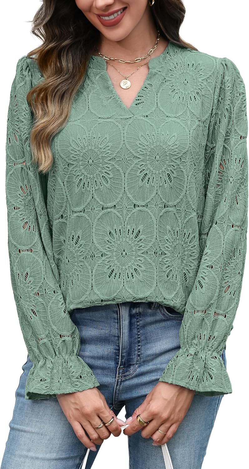 RUMIA Womens Blouses V Neck Eyelet Lace Tops with Lining Dressy Sheer Long Sleeve Shirts Embroidered Blouses 2025 Fashion