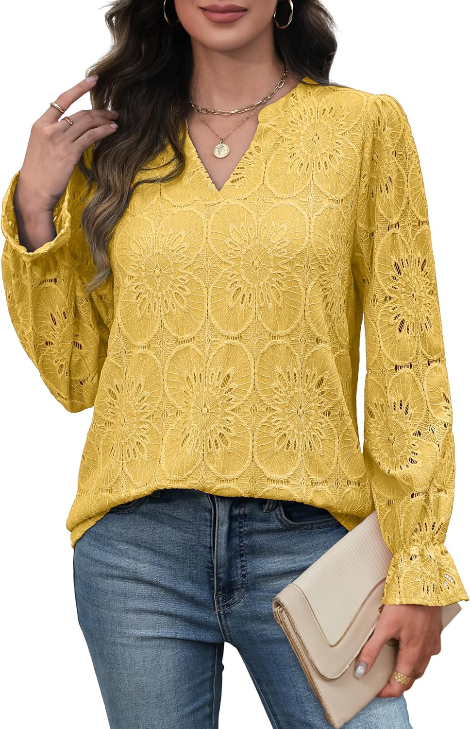 RUMIA Womens Blouses V Neck Eyelet Lace Tops with Lining Dressy Sheer Long Sleeve Shirts Embroidered Blouses 2025 Fashion