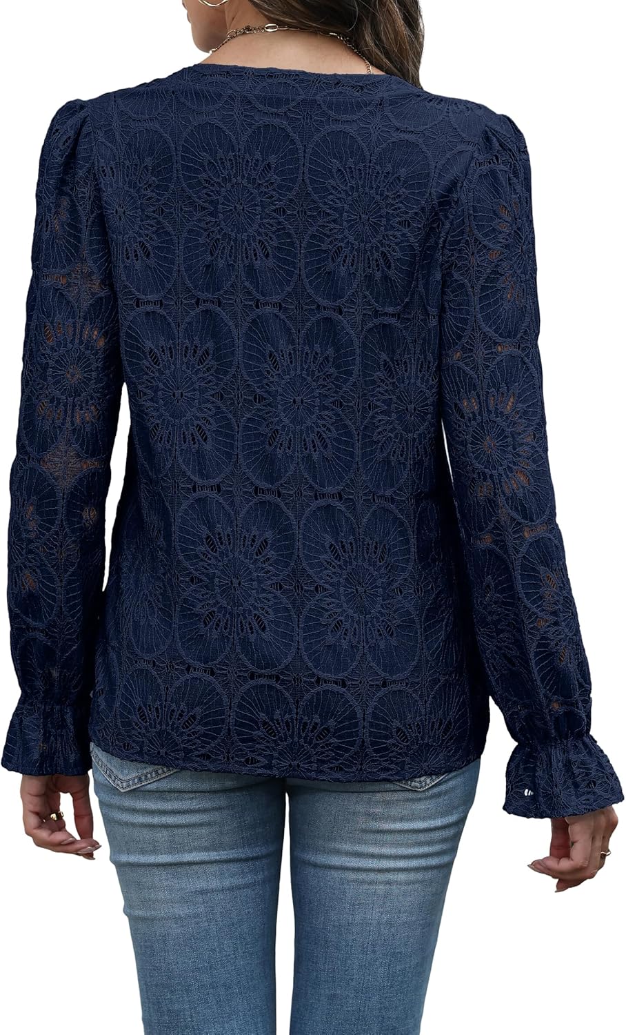 RUMIA Womens Blouses V Neck Eyelet Lace Tops with Lining Dressy Sheer Long Sleeve Shirts Embroidered Blouses 2025 Fashion