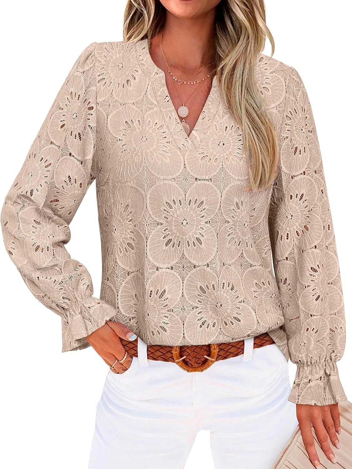 RUMIA Womens Blouses V Neck Eyelet Lace Tops with Lining Dressy Sheer Long Sleeve Shirts Embroidered Blouses 2025 Fashion