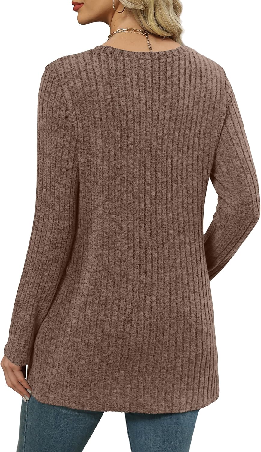 XIEERDUO Long Sleeve Shirts for Women Crewneck Tunic Tops Loose Fit Dressy Womens Sweaters with Pockets Fall Fashion 2025