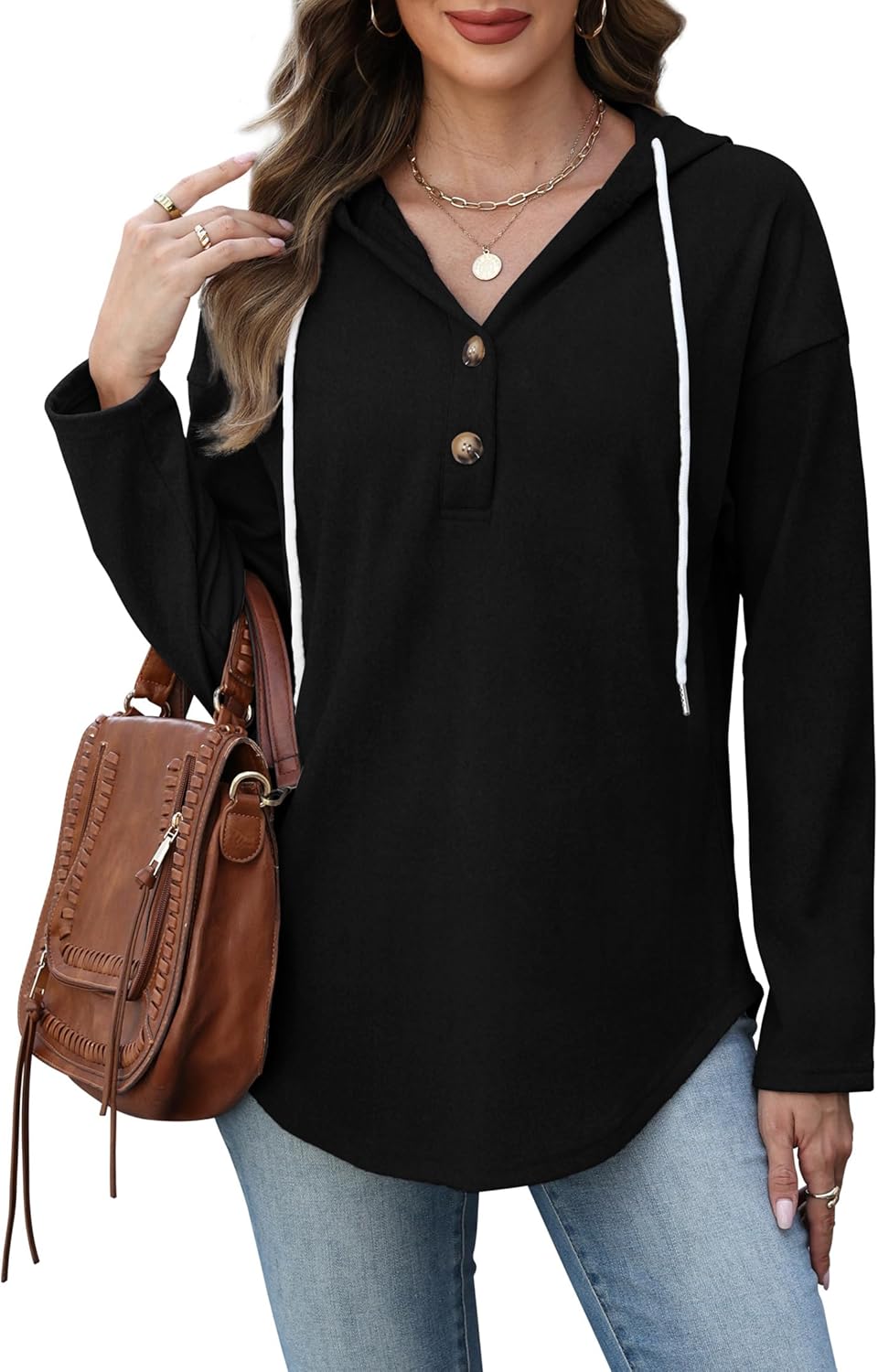 RUMIA Womens Tops V Neck Button Sweatshirt for Women Pullover Long Sleeve Shirts Fall Outfits 2025 Loose Fit S-3XL