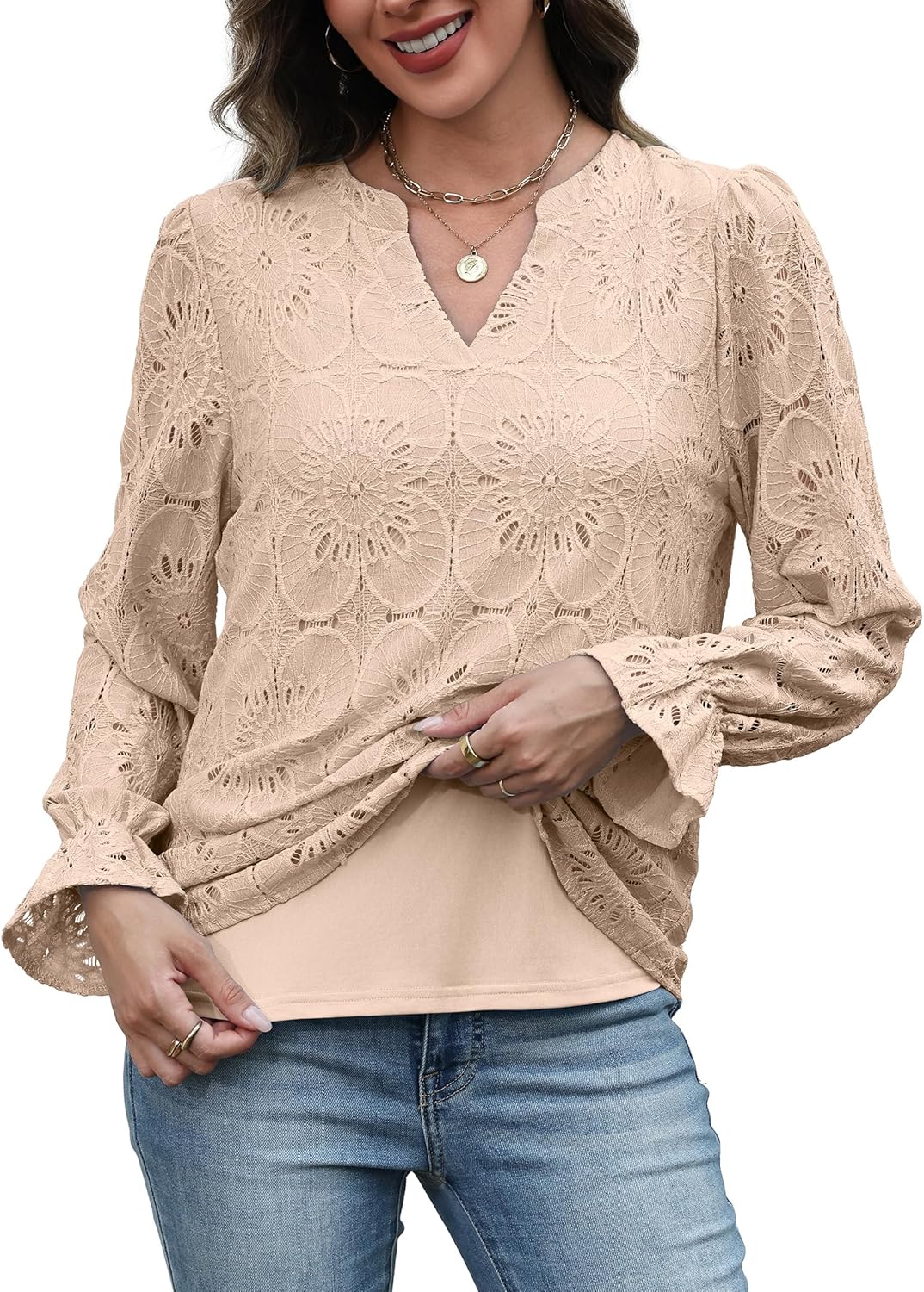 RUMIA Womens Blouses V Neck Eyelet Lace Tops with Lining Dressy Sheer Long Sleeve Shirts Embroidered Blouses 2025 Fashion