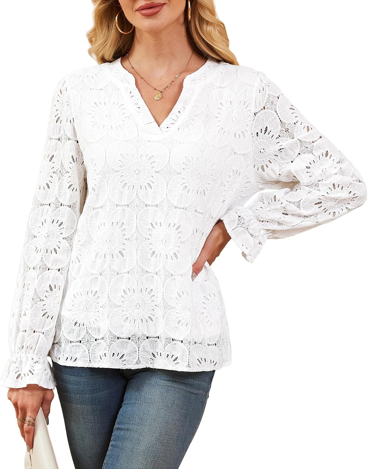 RUMIA Womens Blouses V Neck Eyelet Lace Tops with Lining Dressy Sheer Long Sleeve Shirts Embroidered Blouses 2025 Fashion