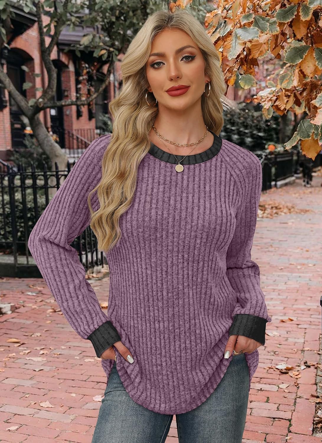 WIHOLL Long Sleeve Shirts for Women Lightweight Sweaters Fall Outfits 2025 Color Block Winter Clothing Dressy Casual Soft
