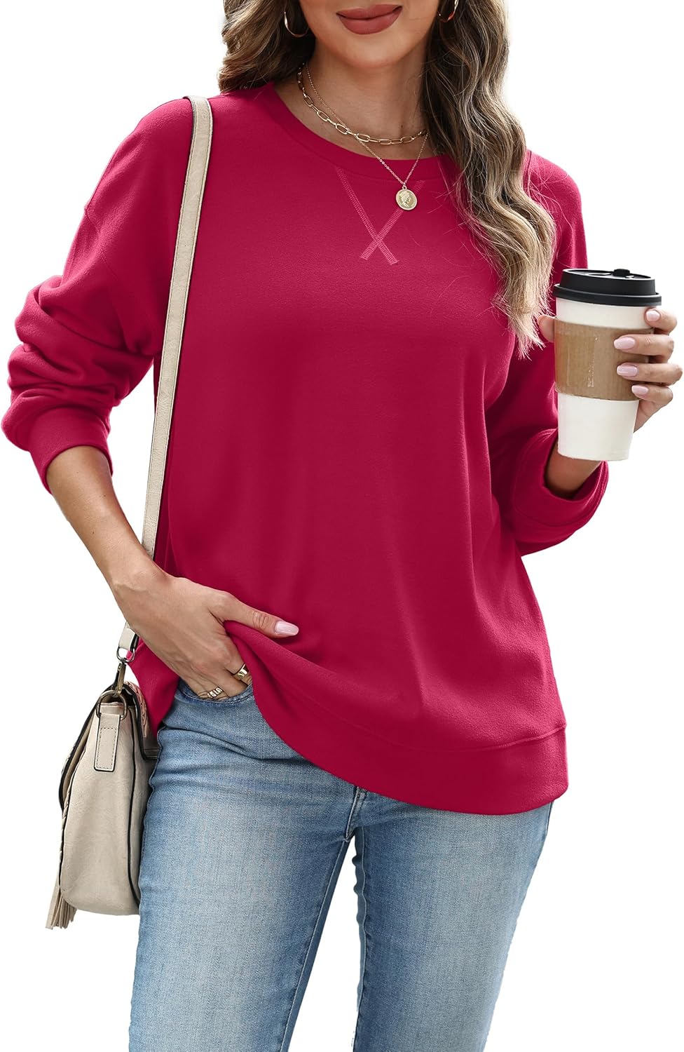RUMIA Women's Crew Neck Sweatshirt Loose Pullover Long Sleeve Shirts Soft Tops for Women Fall Clothes 2025