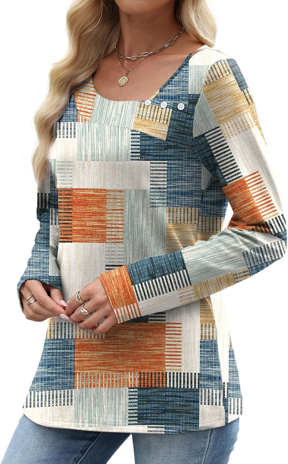 OFEEFAN Long Sleeve Shirts for Women Fall Clothes Asymmetric Square Neck Tunic Tops Decorative Buttons