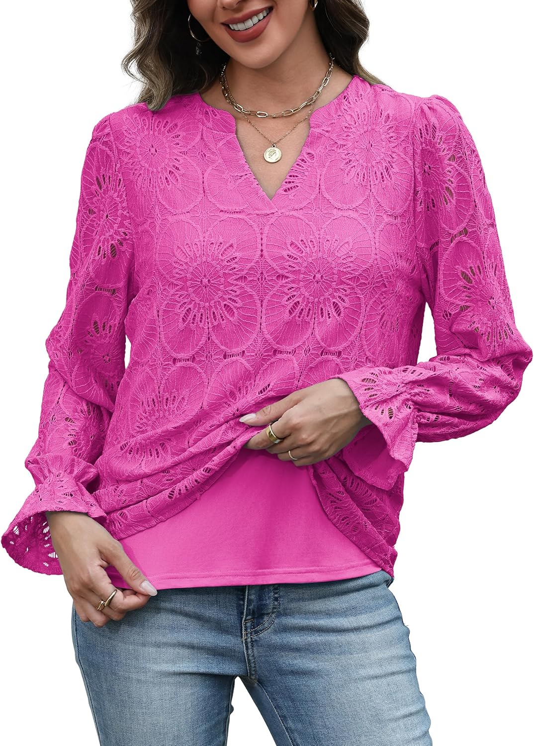RUMIA Womens Blouses V Neck Eyelet Lace Tops with Lining Dressy Sheer Long Sleeve Shirts Embroidered Blouses 2025 Fashion