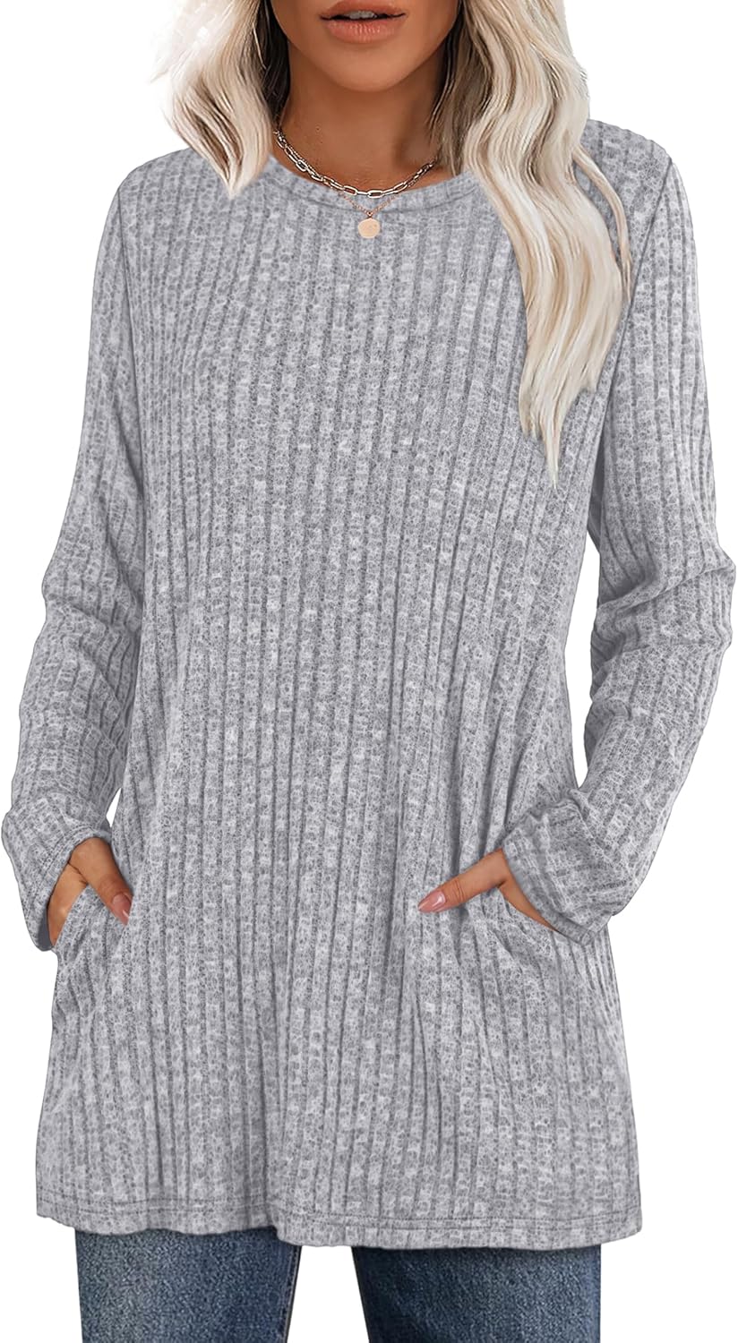 XIEERDUO Long Sleeve Shirts for Women Crewneck Tunic Tops Loose Fit Dressy Womens Sweaters with Pockets Fall Fashion 2025